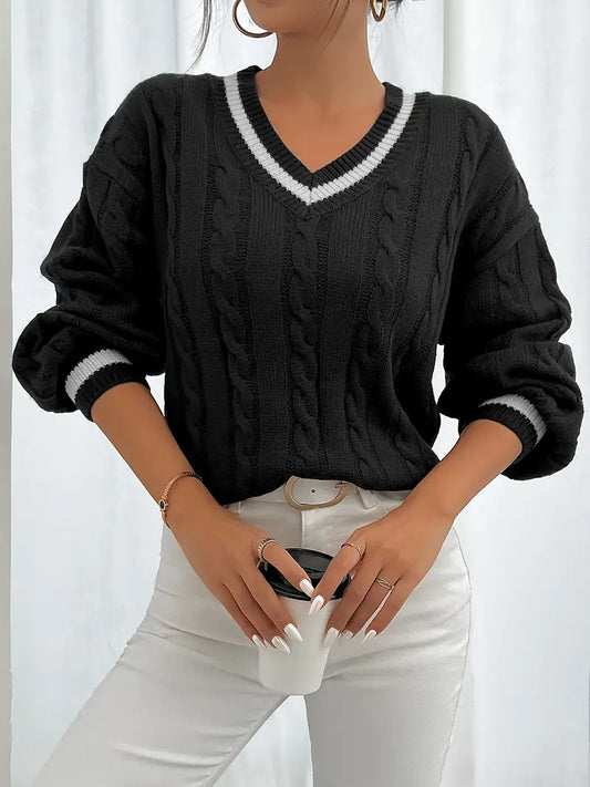 Sweter w warkoczowy splot z kontrastowymi ściągaczami Czarny