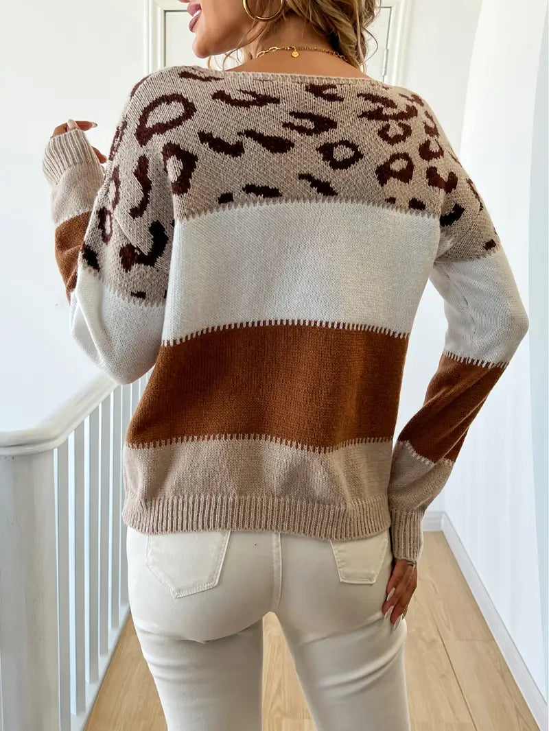 Sweter w panterkę i szerokie pasy w odcieniach beżu i brązu