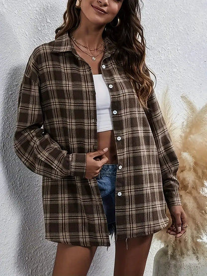 Brązowa koszula w kratę oversize z długim rękawem
