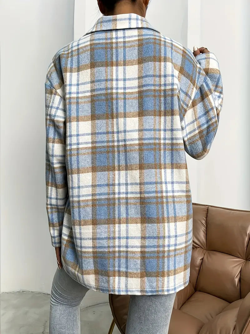 Koszula jesienna flanelowa w biało-niebiesko-beżową kratę oversize