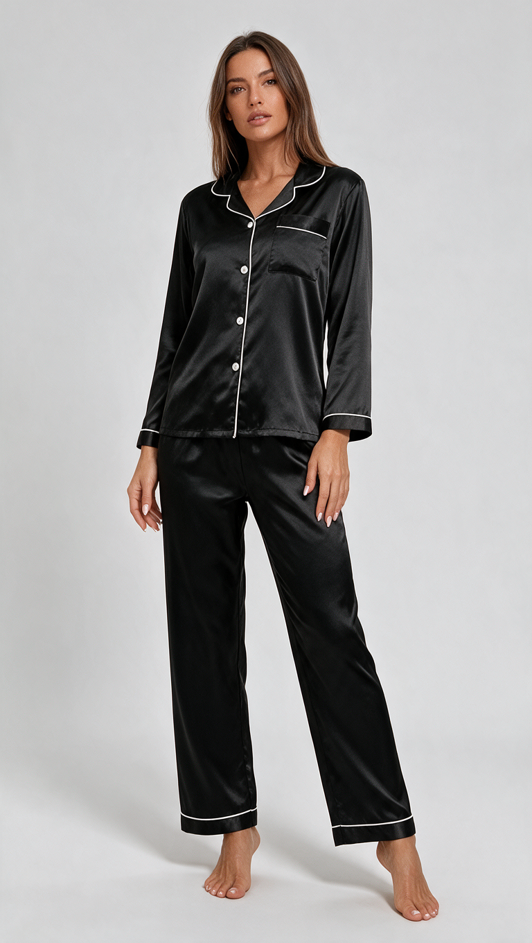 Piżama damska na długi rękaw z długimi spodniami satynowa czarna Lunaluna