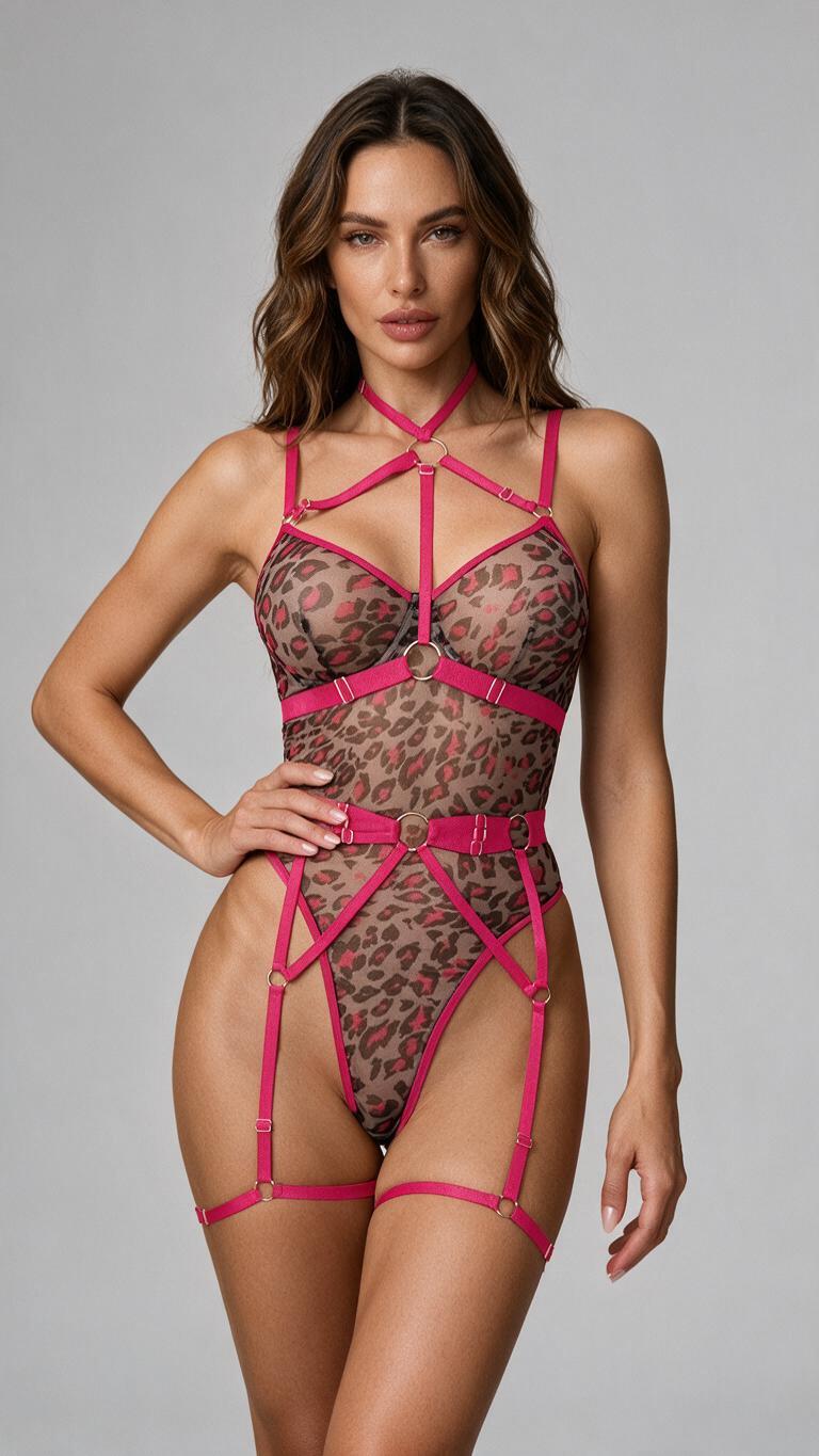 Body damskie transparentne z paskami panterkowo-różowe Costastella
